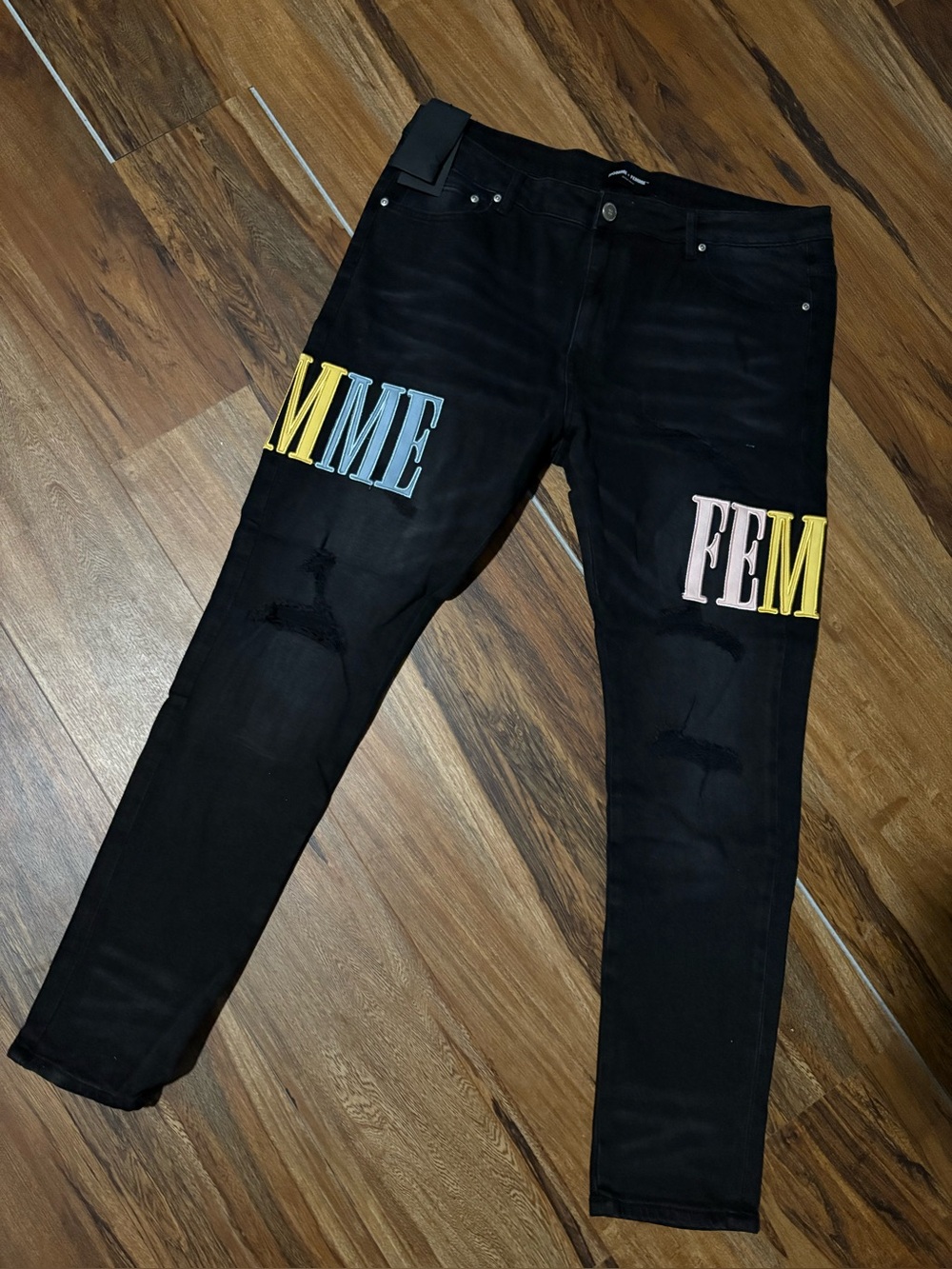 Black Slim Mens Jeans with Colorblock 'HOMME FEMME' Lettering